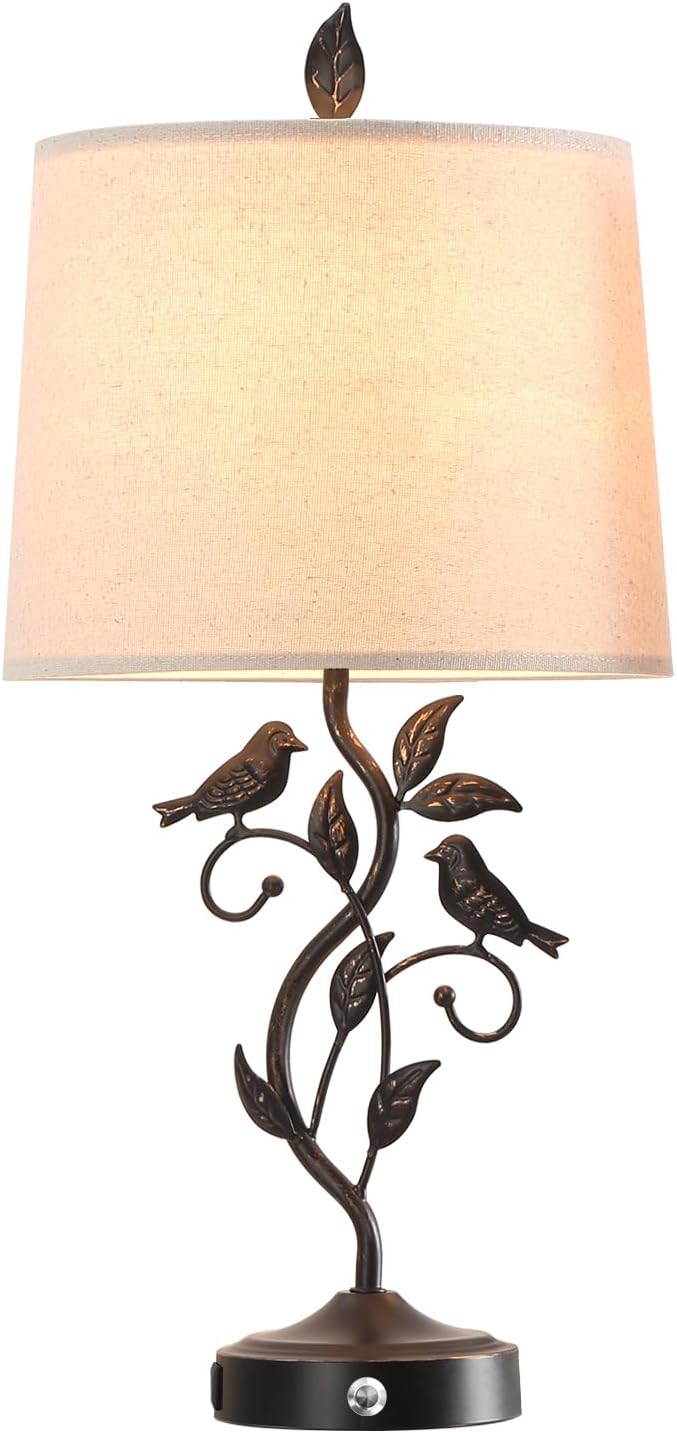 27" Touch Farmhouse Table Lamps for Living Room with 3-Way Dimmable 2 USB Ports, Vintage Rustic Iron Leaf Nightstand Lamp for Bedroom, LED Bulb Included