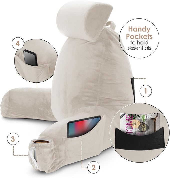 Nestl Reading Pillow Large Bed Pillow, Back Pillow for Sitting in Bed Shredded Memory Foam Chair Pillow, Reading & Bed Rest Pillows Linen Back Pillow for Bed, Bed Chair Arm Pillow with Pockets
