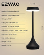 EZVALO Set of 2 Rechargeable Cordless Table Lamps, Portable 6000mAh Outdoor Table Light,3 Color & RGB Color Changing Stepless Dimming Waterproof Table Lamp for Home/Dinner/Patio/Restaurant/Bar