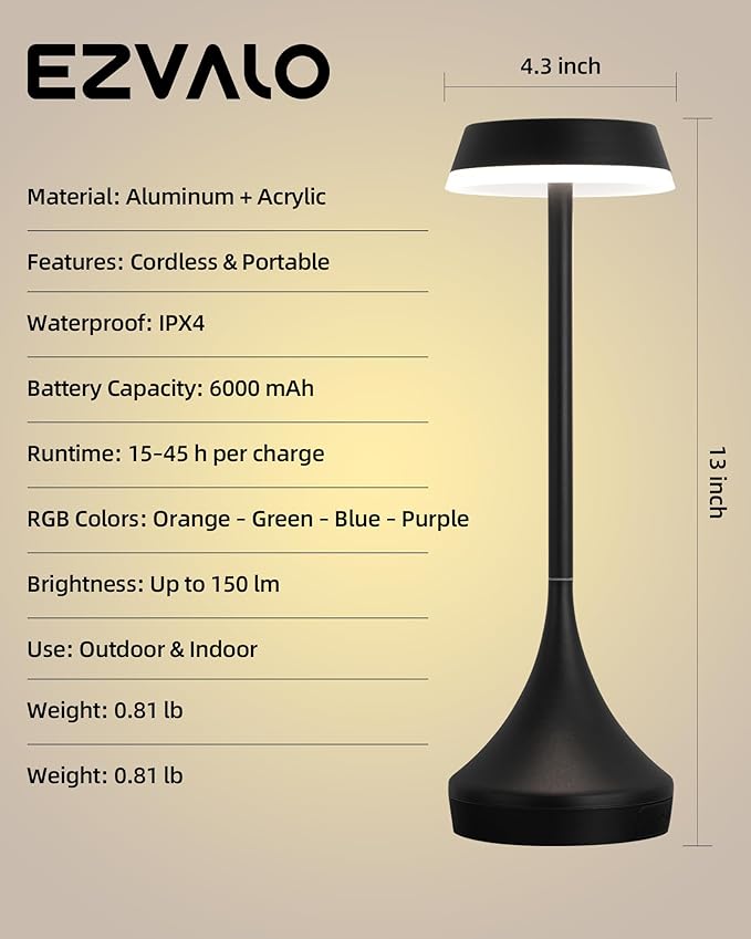 EZVALO Cordless Table Lamps Rechargeable, Portable 6000mAh Battery Operated Table Lamp, 3 Color & RGB Lighting Stepless Dimming Waterproof Table Light for Outdoor/Dinner/Restaurant/Patio/Bar(1 Pcs)