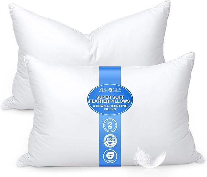 Goose Feather Bed Pillow Queen Size Set of 2 - Hotel Down Pillows for Sleeping, Soft 600 Thread Count Cotton Cover, Fluffy Support Surround Fill Polyester for Back, Stomach, Side Sleepers