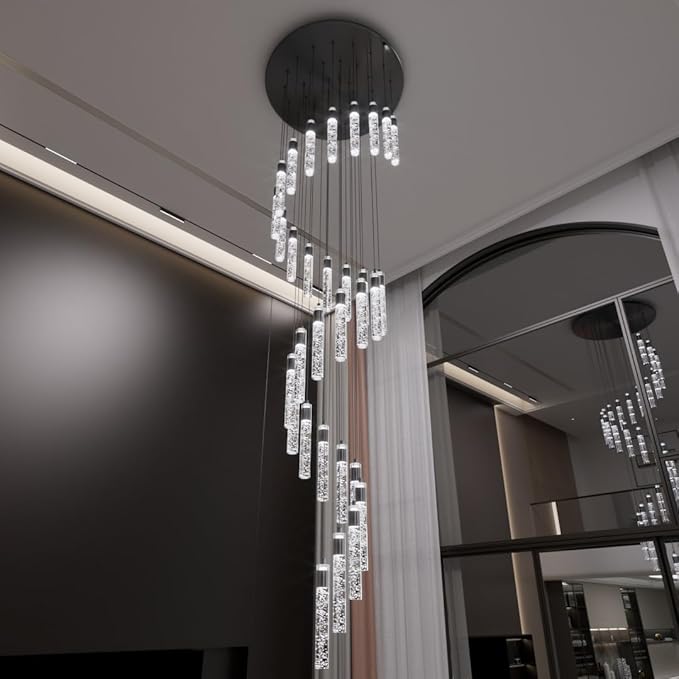 Large Crystal Chandeliers for High Ceiling H150inch Large Spiral Crystal Column Chandelier Lighting for Foyer Entrance 32-Light Black