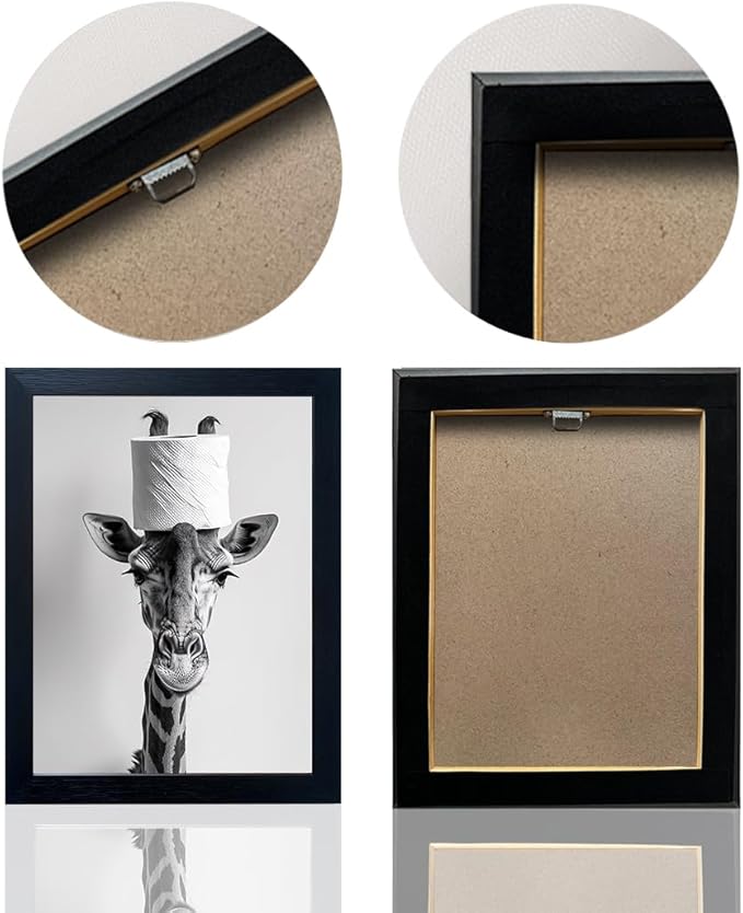 Framed Funny Bathroom Wall Art, Giraffe with a Toilet Paper Roll on Head Decor, Black and White Bathroom Pictures Wall Decor, Humor Animal Canvas Print Artwork