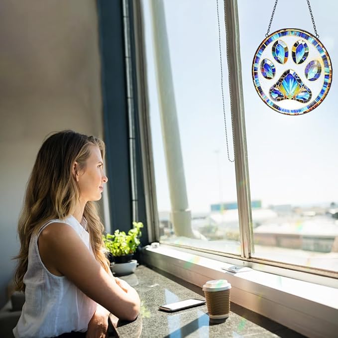 Paw Print Suncatcher Stained Glass Window Hanging - 8” Paw Print Stained Glass Suncatchers for Windows - Sun Catchers Indoor Window Catcher with Hooks and Chain - Dog Memorial Gifts for Mom Grandma