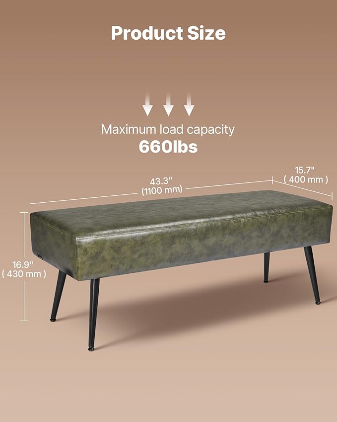 VEVOR Leather Bedroom Bench, PU Leather Bench with Metal Legs and with Stitching for Entryway, Upholstered Shoe Bench Seat, Modern End of The Bed Benches for Living Room, Dining Room, Hallway, Green