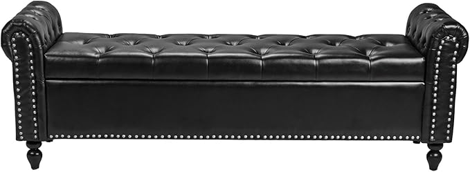 VEVOR Button-Tufted Storage Ottoman Bench, Rolled Arm PU Leather Bench with Solid Wood Legs, Modern Shoe Benches Seat for Entryway, Upholstered End of Bed Benches for Living Room, Dining Room, Black