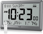 Wall Clock Atomic with Indoor Outdoor Temperature Battery Powered, Easy Reading with 10.5 Inch Large LCD Display, 330FT Range Table Wall Clock With DST, 12/24 Hour for Living Room Kitchen (Silver)
