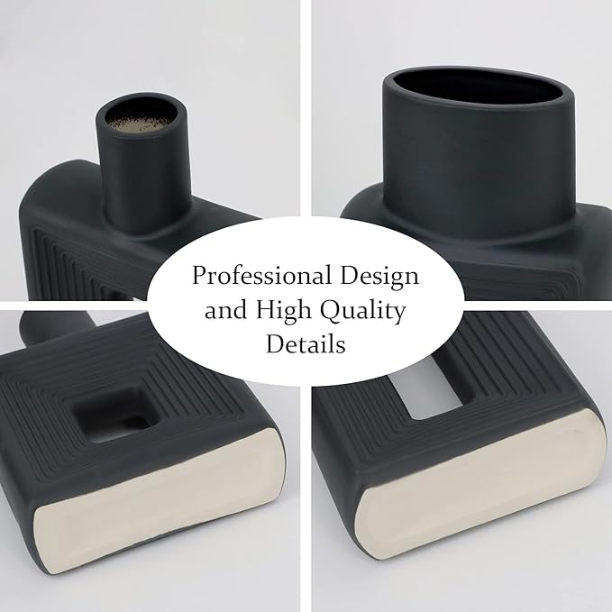 Black Ceramic Vase Set of 2，Square Vase Rustic Home Decor Minimalist Nordic Boho Style for Living Room, Shelf, Table, Bookshelf, Mantel and Entryway Decor Vases