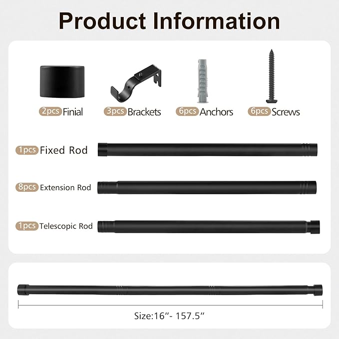 Matte Black Curtain Rod 16-157.5 Inch Iron Extra Long Industrial Commercial Residential Large Spaces Wall Brackets Included Professional Grade Construction