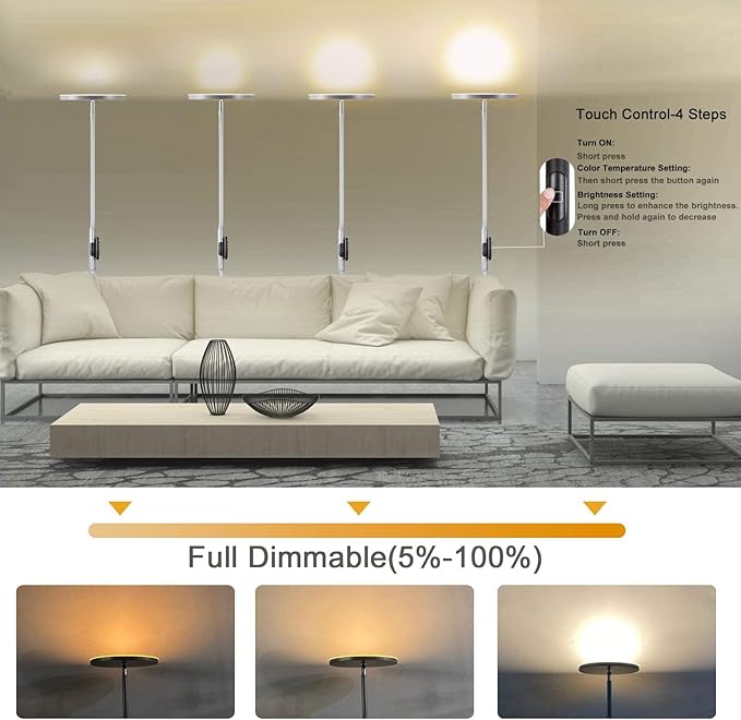 JOOFO Floor Lamp,30W/2400LM Sky LED Modern Torchiere 3 Color Temperatures Super Bright Floor Lamps-Tall Standing Pole Light with Remote & Touch Control for Living Room,Bed Room,Office（Platinum Silver）