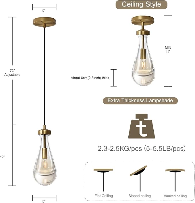 Raindrop Pendant Light Fixtures Set of Two, Brass Glass Pendant Lighting, Teardrops Pendant Lights Kitchen Island, Indoor Pendant Light for Kitchen Island Bedroom Bathroom, Included Bulb