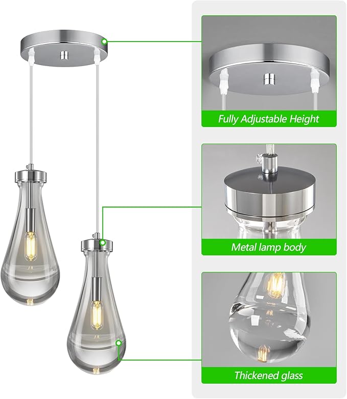 Raindrop Pendant Lights Kitchen Island Teardrop Chrome Hanging Light Fixtures Clear Solid Glass Pendant Light Modern Chandeliers for Dining Room Porch Corridor Living Room(2-Light)