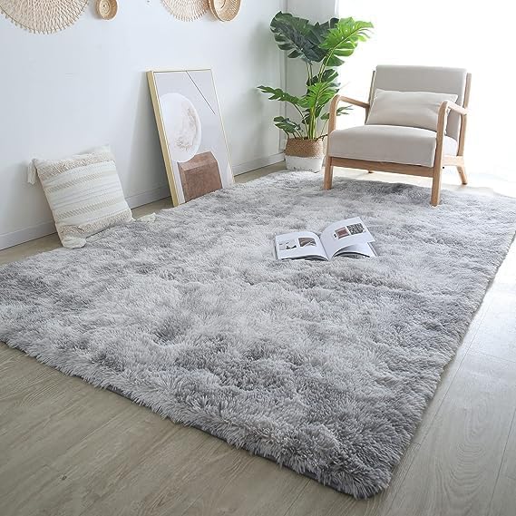 Grey Shag Area Rug 9x12 - Large Soft Plush Grey Rugs for Bedroom Living Room - Non Slip Modern Shaggy Fuzzy Floor Carpet,Tie-Dyed Light Gray,