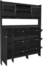 Ball & Cast Tipping Bucket 3-Tier Shoe Cabinet with 6 Flip Drawers and Storage Shelf,Entryway Hall Tree with Tempered Glass Doors and 4 Hooks,for Hallway,Mudroom,Living Room,Black