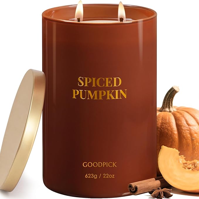 Goodpick Spiced Pumpkin Candles, Fall Scented Candles for Home, 22oz Soy Wax, Warm Cinnamon & Clove 120hrs, Cozy Autumn Gift