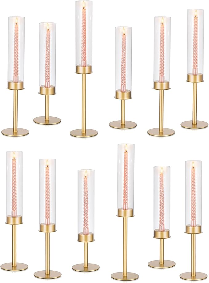 Gold Candlestick Hurricane Candle Holder: Glasseam Matte Candlestick Holders for Taper Candles Bulk 12, Modern Candle Stick Candle Holder with Glass Chimney, Fireplace Candle Holder for Dining Table