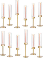 Gold Candlestick Hurricane Candle Holder: Glasseam Matte Candlestick Holders for Taper Candles Bulk 12, Modern Candle Stick Candle Holder with Glass Chimney, Fireplace Candle Holder for Dining Table