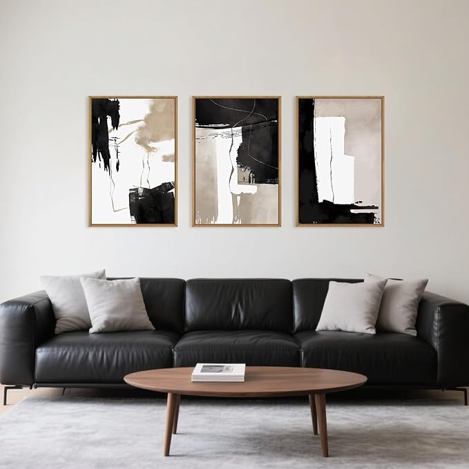 Black White Brown Framed Canvas Wall Art Set, Neutral Geometric Wall Decor, Modern Abstract Wall Painting, Minimalist Artworks for Living Room, Bedroom, Dining Room, Office - 16"x24"x3