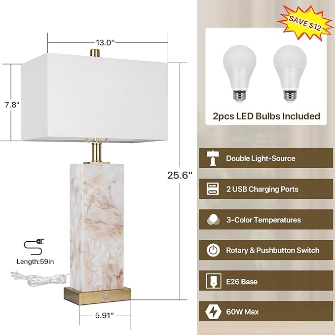 25.6" Alabaster Lamp, Marble Lamp Nightstand Lamps Set of 2, Table Lamps for Living Room Bedroom, 3-Color Temperatures Bedside Lamps with Nightlight, Modern Table Lamp with USB Ports, Bulbs Included