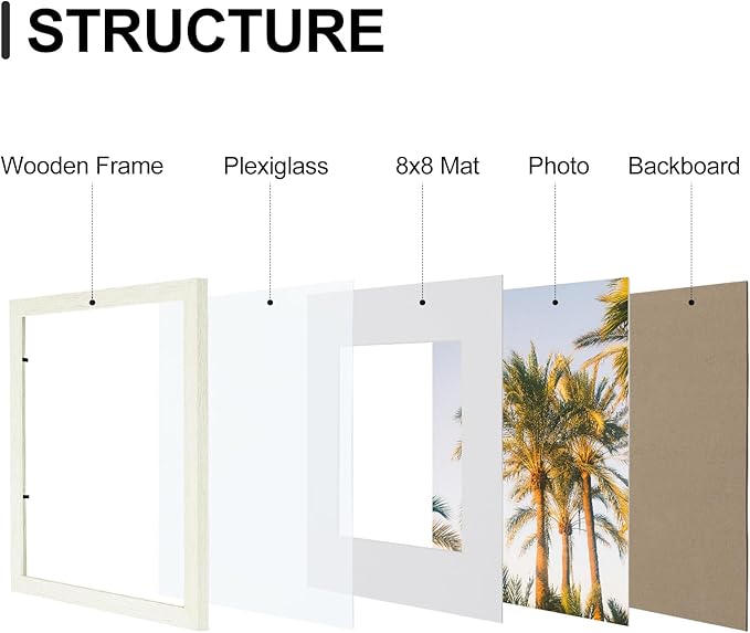 Vittanly 12x12 Picture Frames Set of 9, Shatter Resistant Plexiglass, Display 8x8 Pictures with Mat or 12x12 without Mat, Photo Frames for Wall Mount, Engineered Wood, Whitemist