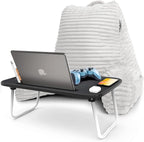 Nestl Reading Pillow with Portable Lap Desk Stand for Laptop 22x14”, Cut Plush Striped Back Pillow, Back Support Pillow, Shredded Memory Foam Bed Rest Pillow with Arms for Kids & Teens, Medium - White
