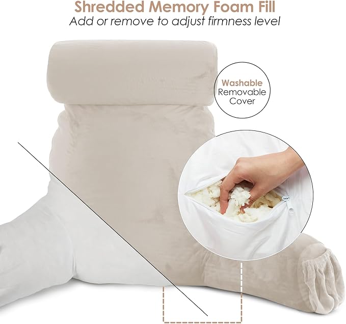 Nestl Reading Pillow Large Bed Pillow, Back Pillow for Sitting in Bed Shredded Memory Foam Chair Pillow, Reading & Bed Rest Pillows Linen Back Pillow for Bed, Bed Chair Arm Pillow with Pockets