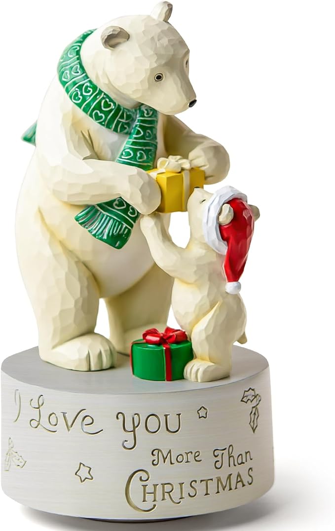 AIDLNS Christmas Polar Bear I Love You More Than Christmas-Theme Music Box, Handmade Sculpture Figurines Musical, Plays Silent Night Tune, Heartwarming Holiday Decoration for Family