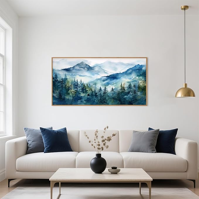 Celestdeco Blue Ridge Mountains Forest Framed Canvas Wall Art Set, Natural Landscape Wall Decor, Green Pine Trees Wall Painting, Woodland Artworks for Living Room, Bedroom, Dining Room - 20"x40"