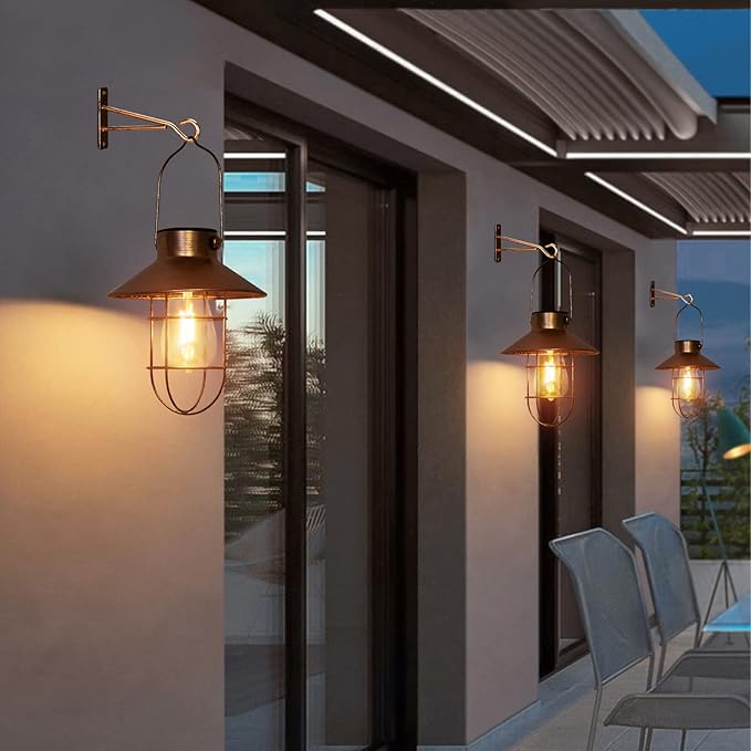pearlstar Solar Lanterns Outdoor Metal Solar Powered Hanging Lights Waterproof for Barn Wall Yard Garden Patio Garage Balcony Porch Fence Decor, Warm White Edison Bulb (Copper-2pack)