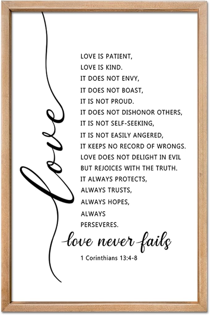 FZMHASLWW Love Is Patient Kind Wall Decor 24"×16" Love Never Fails 1 Corinthians 13 Bible Verse Sign Large Wood Framed Wall Hanging Art (Wood)