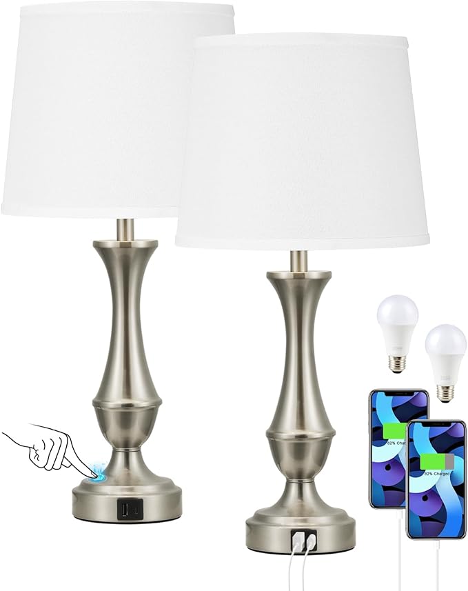 Upgraded Touch Lamps for Night Stands Set of 2 - Bedside Lamps with USB C+A, 3 Way Dimmable for Bedroom Living Room End Tables Office (White&Nickel)