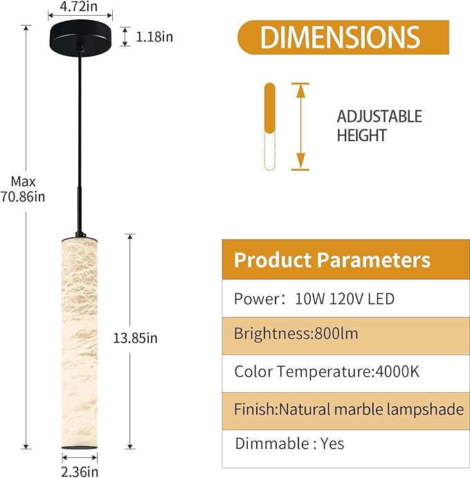 LMQNINE Natural Alabaster Pendant Lights for Kitchen Island White Marble Long Tube Chandelier Modern Black Ceiling Light Fixtures for Bedroom Dining Room Table Living Room Hallway(M-2Pack)