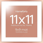 Homeforia 11x11 Rose Gold Picture Frame, High End Metal 11 by 11 Square Frames with Mat 9 x 9 Photo, 11by11 Poster Frame Matted to 9x9 inch Art, Wall Hanging Frames, Tempered Glass, Wall Kit, Set of 1