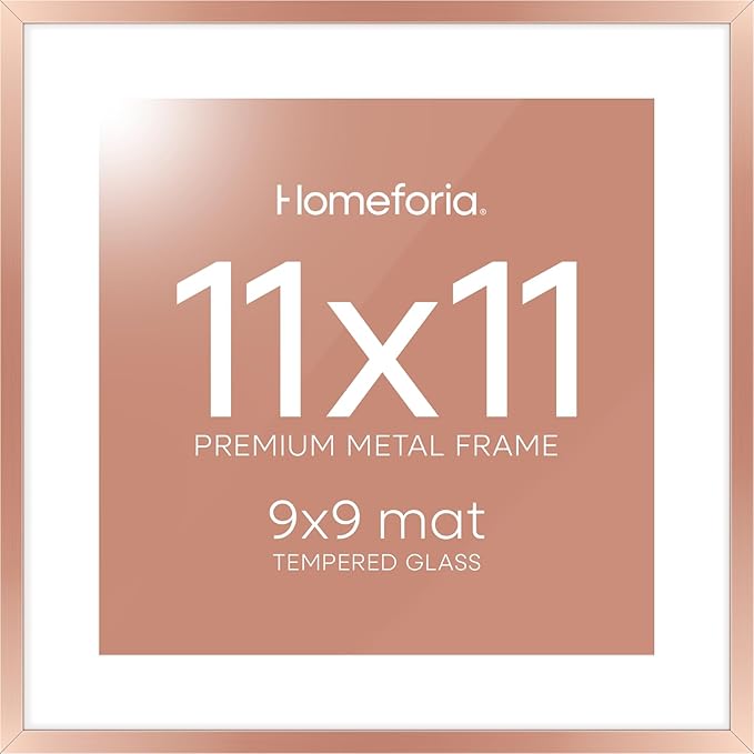 Homeforia 11x11 Rose Gold Picture Frame, High End Metal 11 by 11 Square Frames with Mat 9 x 9 Photo, 11by11 Poster Frame Matted to 9x9 inch Art, Wall Hanging Frames, Tempered Glass, Wall Kit, Set of 1