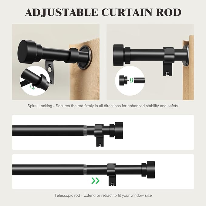 Oneach Black Curtain Rods for Windows 66 to 120 Inch, 1 Inch Pole Adjustable Length Heavy Duty Metal Curtain Rod Set, for Outdoor Bedroom Kitchen Living Room (16 to 120 Inch)