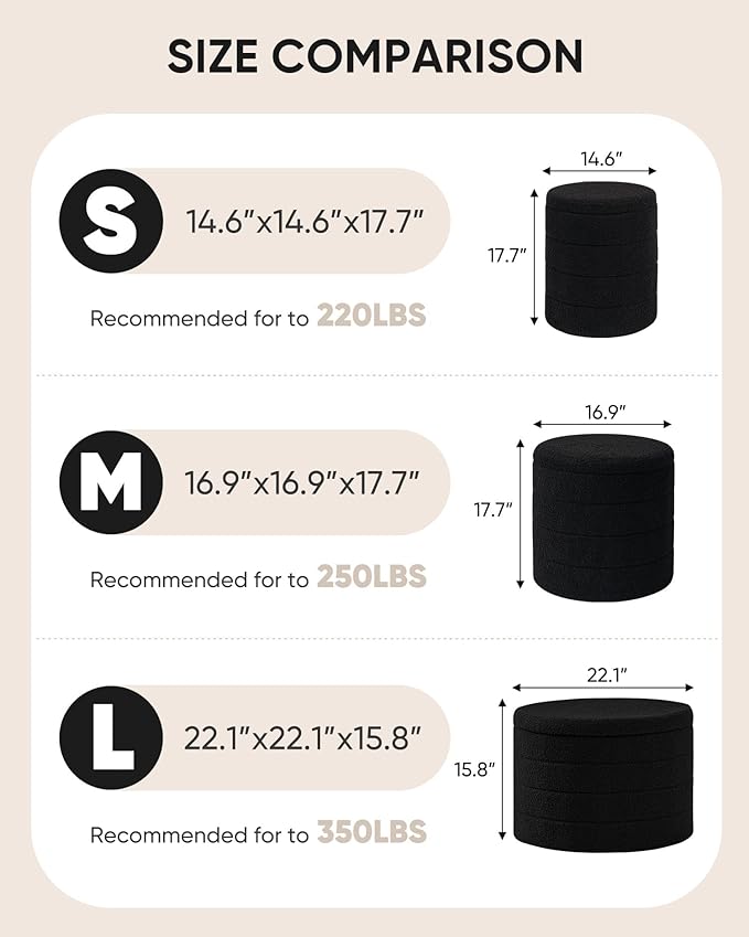 B FSOBEIIALEO Ottoman with Stroage, Round Sherpa Storage Ottoman Stool, Boucle Foot Rest 14.6"x14.6"x17.7"（Black