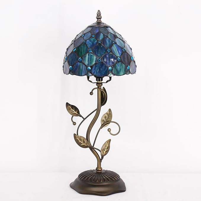 Small Tiffany Lamp Sea Blue Pearl Style Stained Glass Table Lamp Metal Leaf Accent Desk Memory Lamp Sympathy 8X20 Inch
