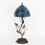 Small Tiffany Lamp Sea Blue Pearl Style Stained Glass Table Lamp Metal Leaf Accent Desk Memory Lamp Sympathy 8X20 Inch