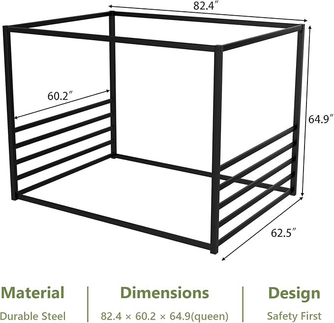Canopy Floor Bed for Kids – Full Size, Matte-Black Steel Frame with Safety Fence, Unisex Design for Boys & Girls, Box Spring Required, Quick Assembly (Full)