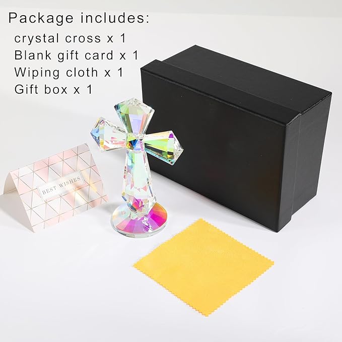 Crystal Glass Standing Cross Decor, Easter Christmas Decoration for Pary dad man，Religious Gifts for Women Men Father Mother, Handmade Glass Holy Collectible Figurines (Multicolor Crystal Cross)