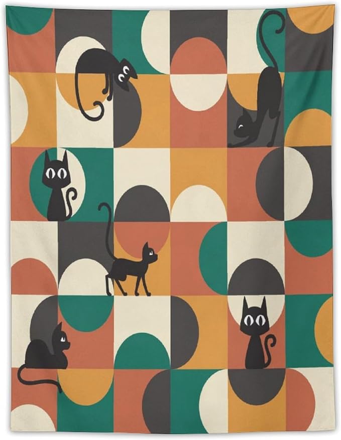 ICMOLYYENLO Boho Medieval Cat Tapestry, Abstract Atomic Starburst Geometric Aesthetic Art Wall Hanging For Bedroom Living Room Dormitory 60x60 Inches