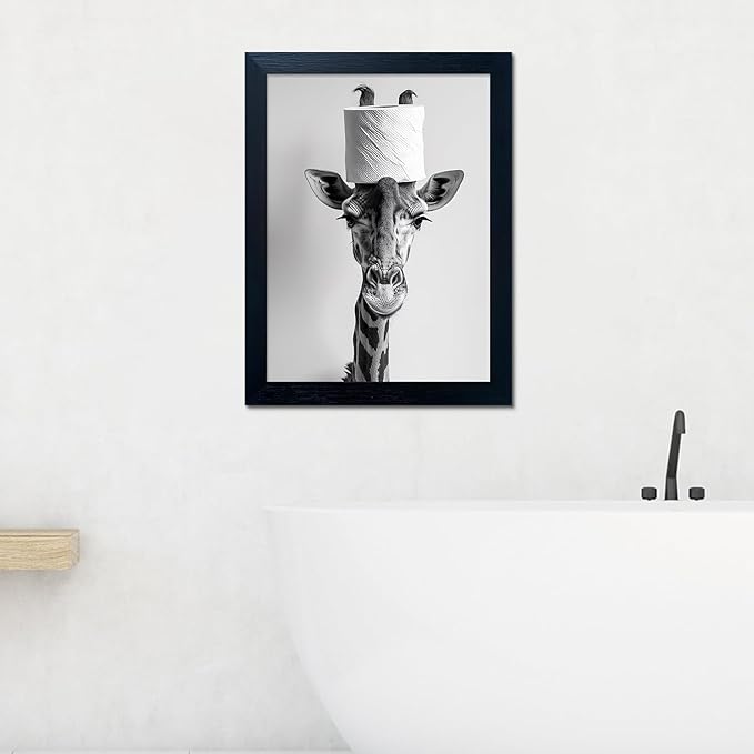 Framed Funny Bathroom Wall Art Giraffe with a Toilet Paper Roll on Head Print Black and White Bathroom Pictures Wall Decor Humor Animal Canvas Artwork