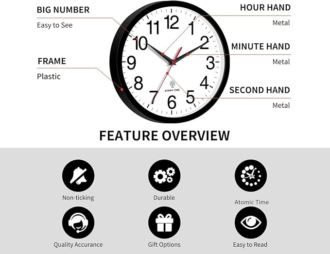 Atomic Wall Clock, Modern 10 Inch Battery Operated Wall Clocks, Analog Clock for Living Room, Office, Home, Bedroom, Kitchen, Bathroom(Black)