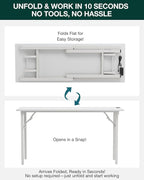 Frylr Small Folding Computer Desk – 55.1 Inch Portable Table for Craft and Study, Lightweight Desk for Small Spaces, Foldable Laptop Table Built-in AC/USB Outlets for Convenience, White