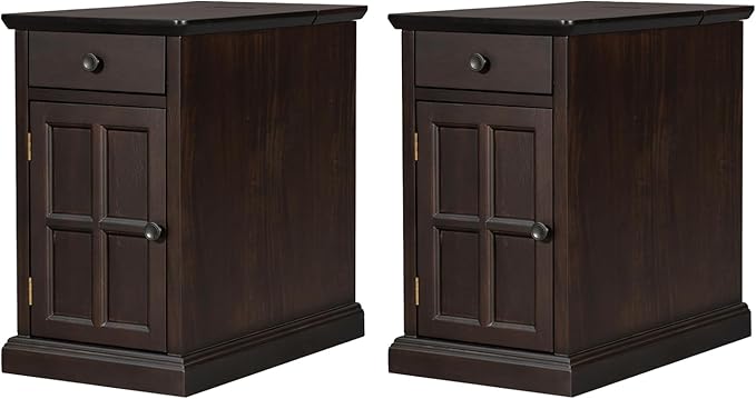 Traditional Wood Narrow End Table with Charging Station, Modern Vintage Sofa Side Table Storage & Multifunctional Drawer, Antique Espresso Set of 2 for Living Room, Bedroom, Office, No Assembly
