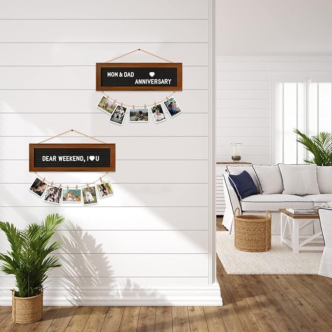 Picture Frames Collage Photo Hanging Display, Felt Letter Board with 340 Letters and 15 Clips, Picture Board Rustic Frames for Wall Dorm Room Decor Christmas Holiday Birthday Party Present