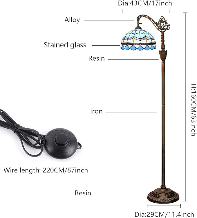 Tiffany Floor Lamp Vintage Standing Lamp Blue Mediterranean Style Stained Glass Floor Light Rustic Corner Gooseneck Floor Lamp with Adjustable Angle for Home Decor Living Room Bedroom 12X12X63 Inches