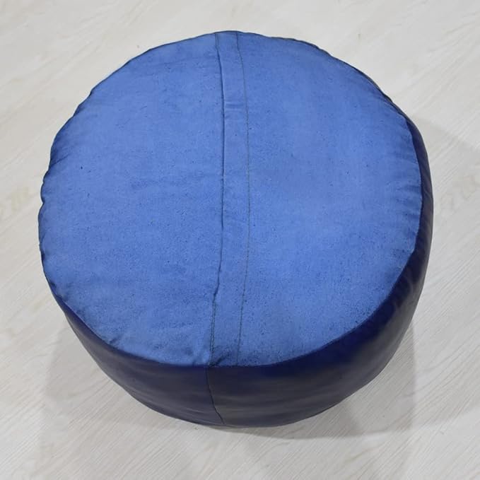Round Shaped Goat Leather Handmade Eco-Friendly Blue Pouf - Round Shape Pouf, 14" x 14"x 14", Plain Solid Pouf, Goat Leather Pouf, Recycled Cotton Filled Stuffed Pouf, Leather Seating Pouf PF12