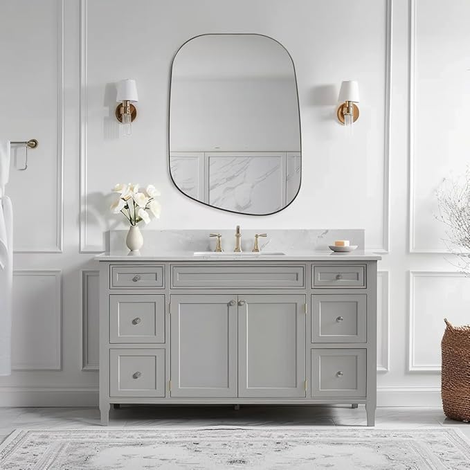 ANDY STAR Brushed Nickel Mirror, 24"x32" Silver Asymmetrical Wall Mirror for Bathroom, Unique Irregular Design with SUS304 Stainless Steel Metal Frame, Ideal for Bathroom, Bedroom, Entryway