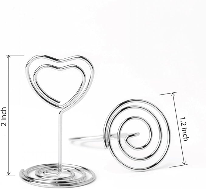 20pcs Mini Place Card Holder, Table Number Holders, Table Card Holders, Table Number Stands, Wire Table Picture Photo Holder Menu Clips for Wedding Favors with Heart Shaped (Silver)
